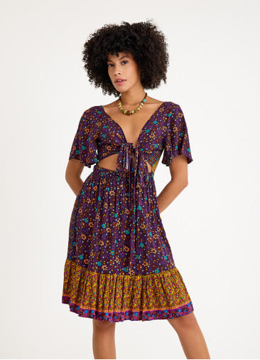 Border Hem Detail Tie Front Purple Floral Summer Dress